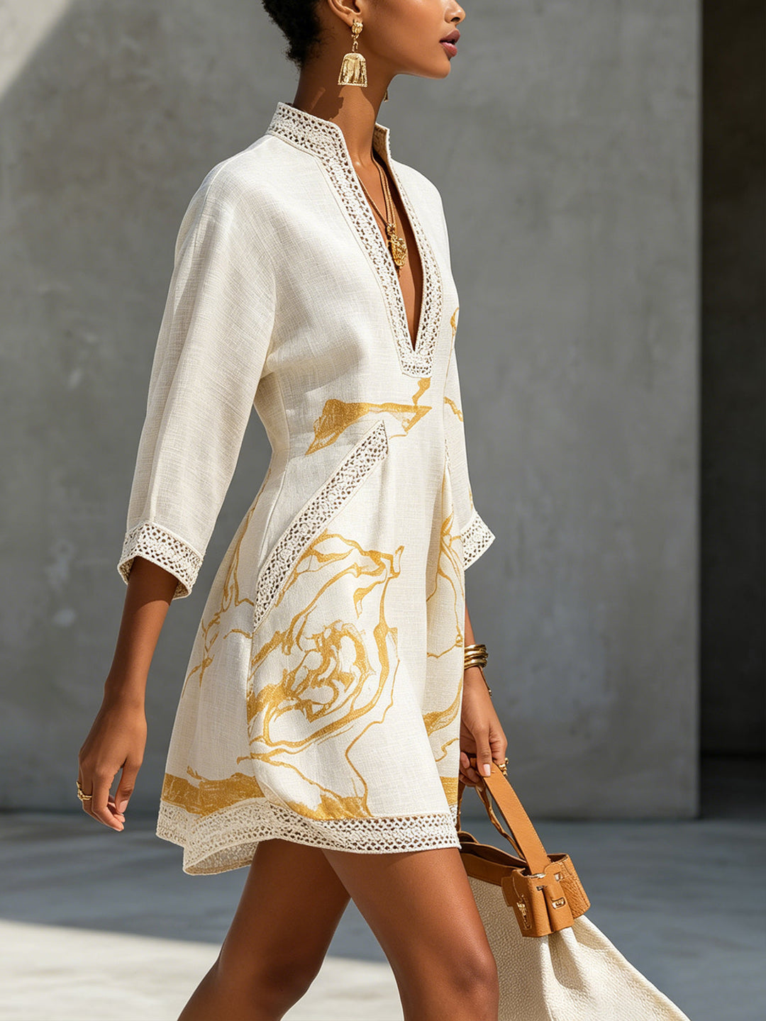 Ivory & Gold Crochet-Lace V-Neck Mini Dress
