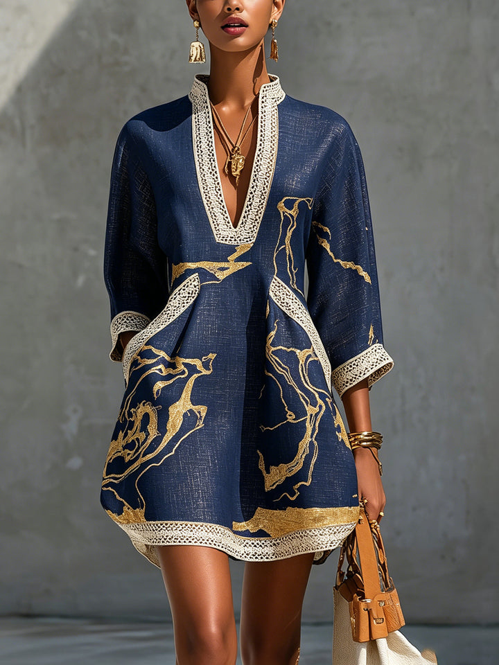 Navy & Gold Crochet-Lace V-Neck Mini Dress