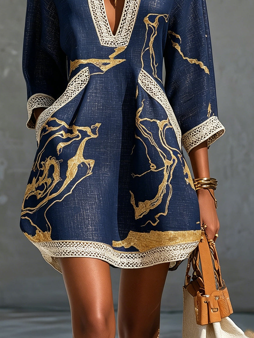Navy & Gold Crochet-Lace V-Neck Mini Dress