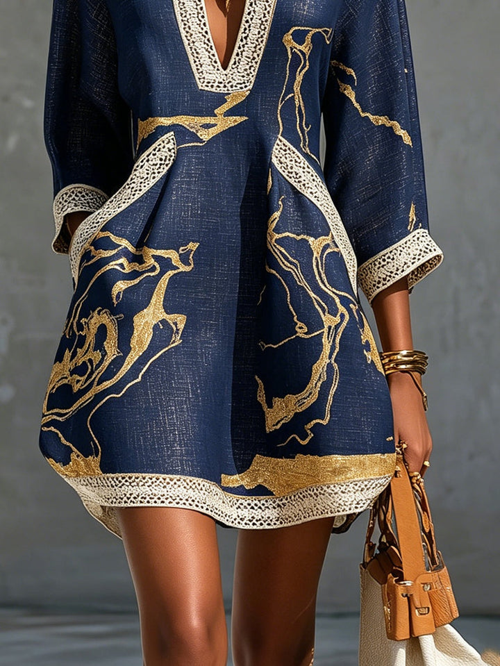 Navy & Gold Crochet-Lace V-Neck Mini Dress