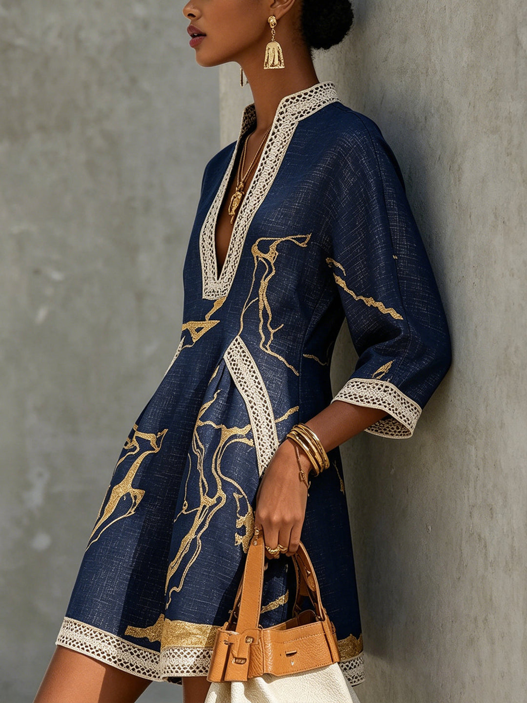 Navy & Gold Crochet-Lace V-Neck Mini Dress