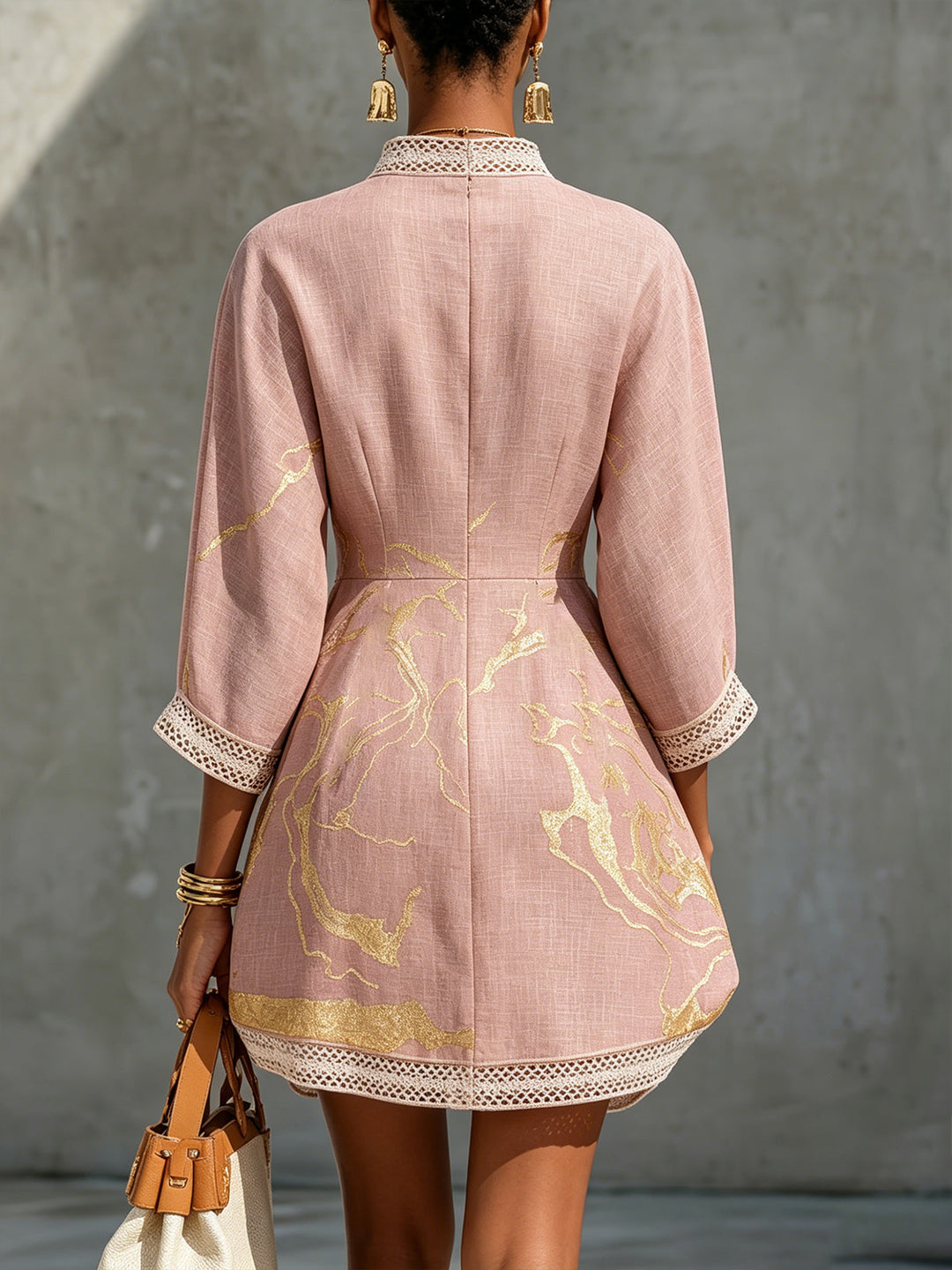 Pink & Gold Crochet-Lace V-Neck Mini Dress