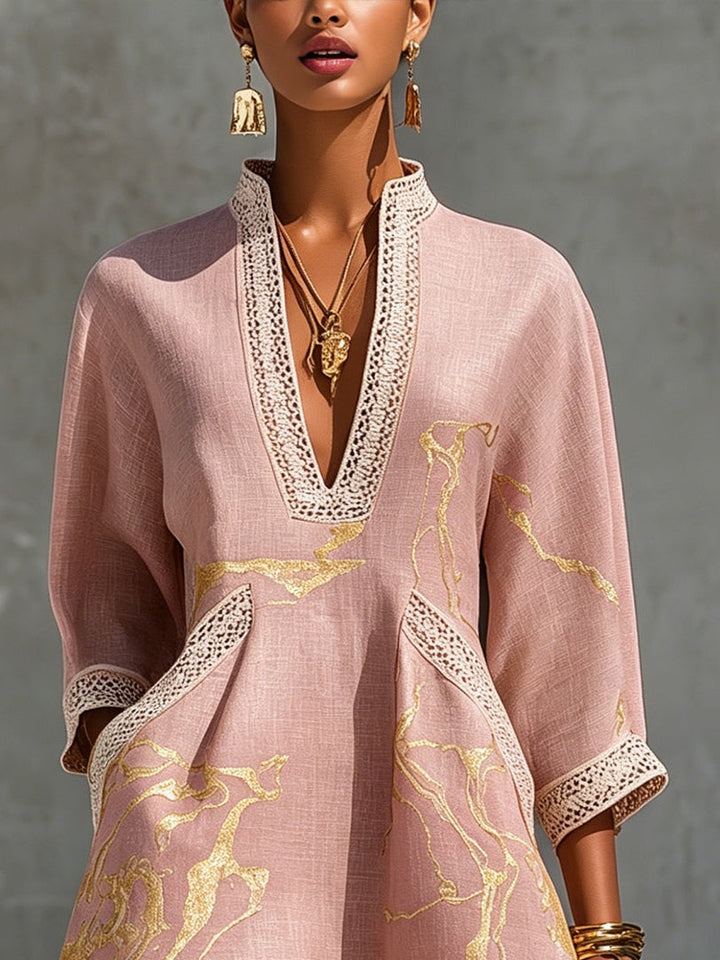Pink & Gold Crochet-Lace V-Neck Mini Dress