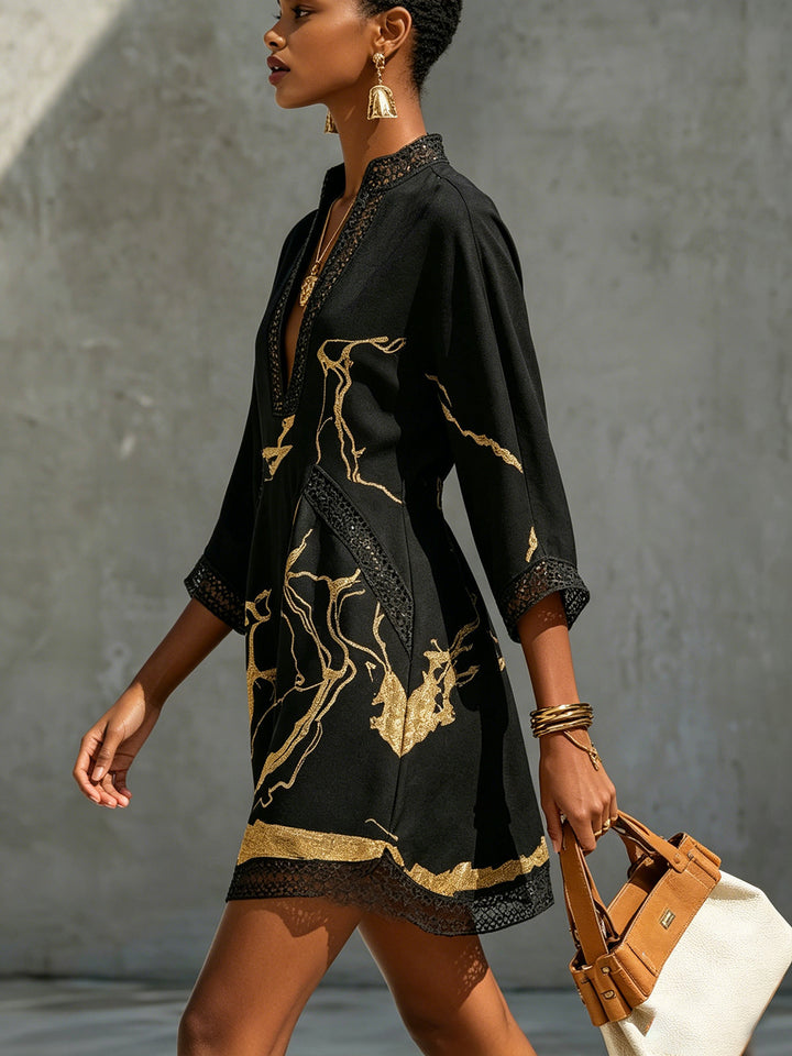 Black & Gold Crochet-Lace V-Neck Mini Dress