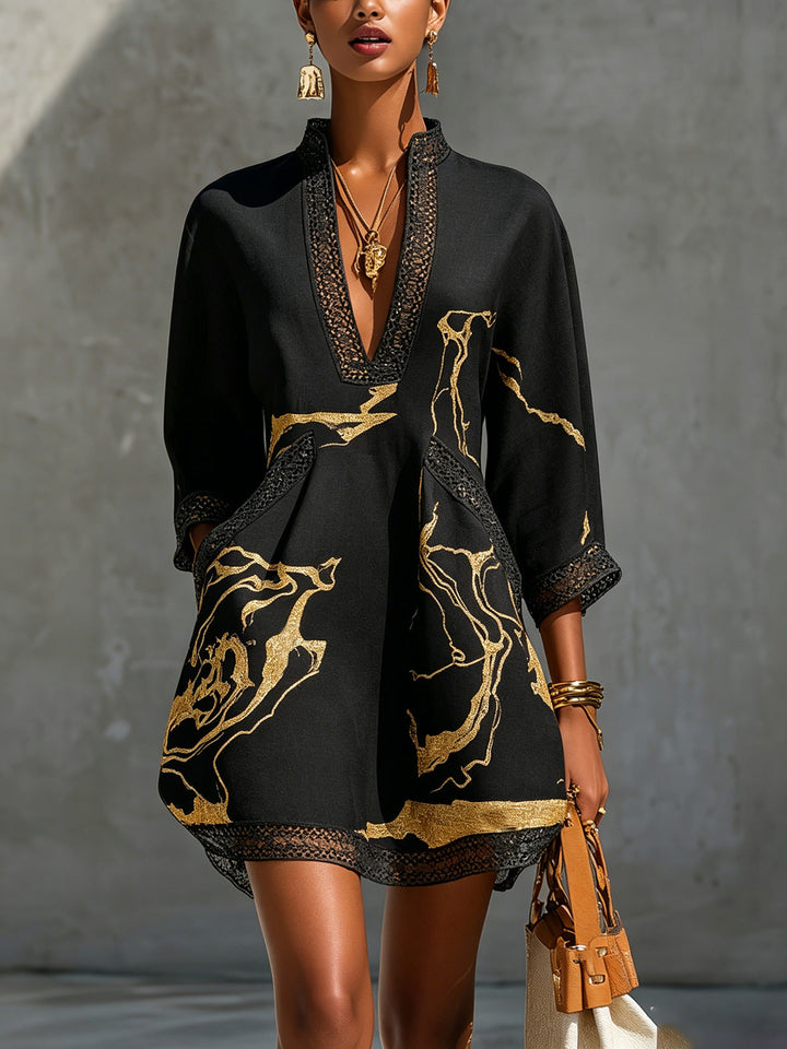 Black & Gold Crochet-Lace V-Neck Mini Dress