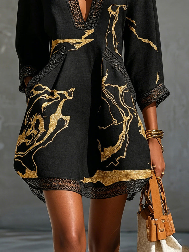 Black & Gold Crochet-Lace V-Neck Mini Dress