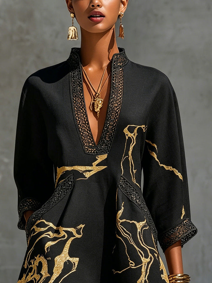 Black & Gold Crochet-Lace V-Neck Mini Dress