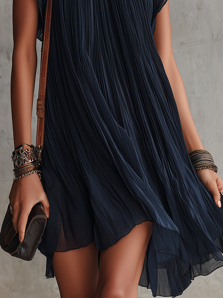 Navy Embroidered Pleated Chiffon Mini Dress