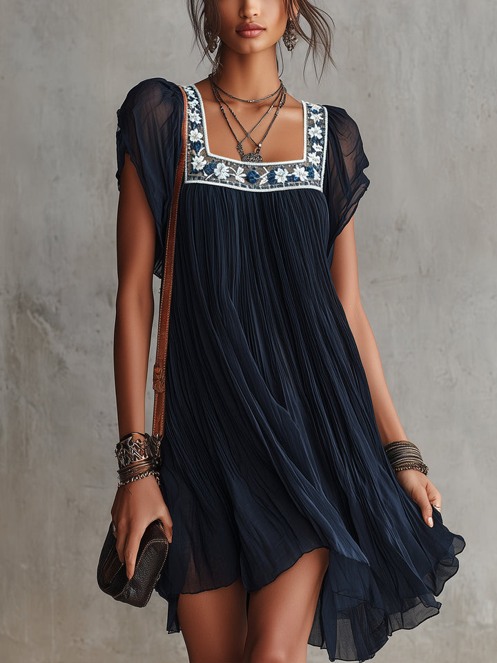 Navy Embroidered Pleated Chiffon Mini Dress