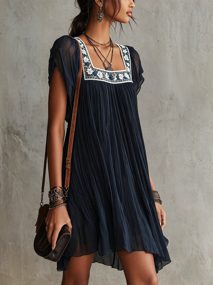 Navy Embroidered Pleated Chiffon Mini Dress
