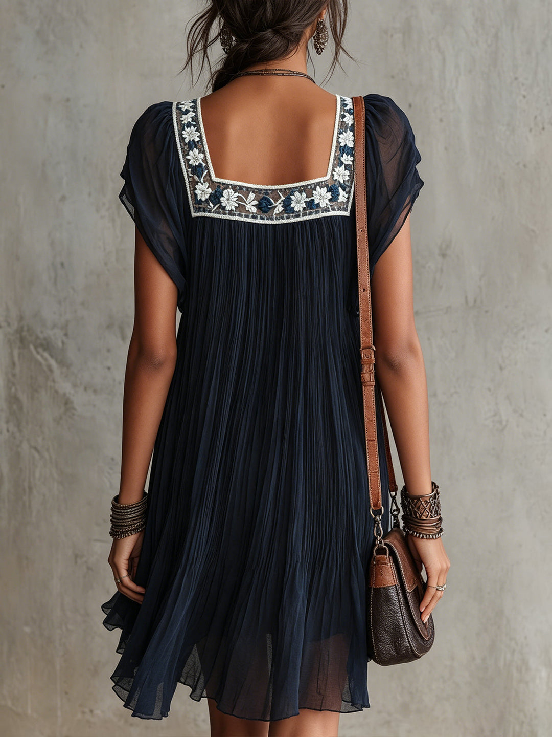 Navy Embroidered Pleated Chiffon Mini Dress