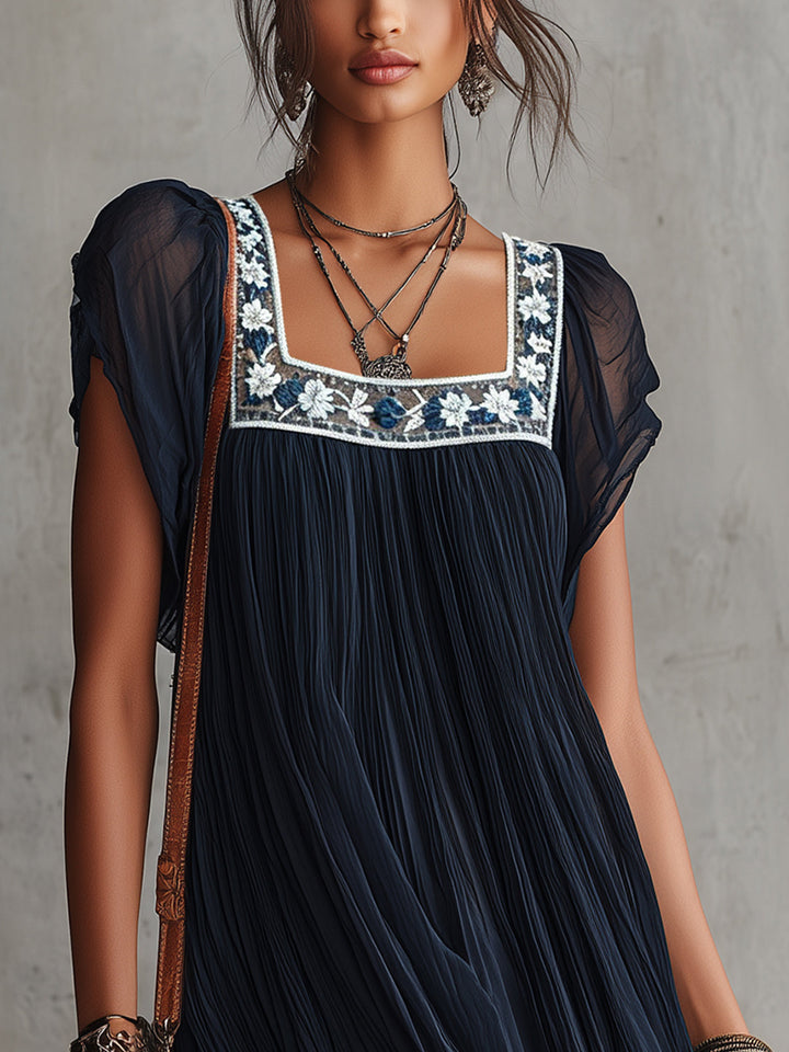 Navy Embroidered Pleated Chiffon Mini Dress