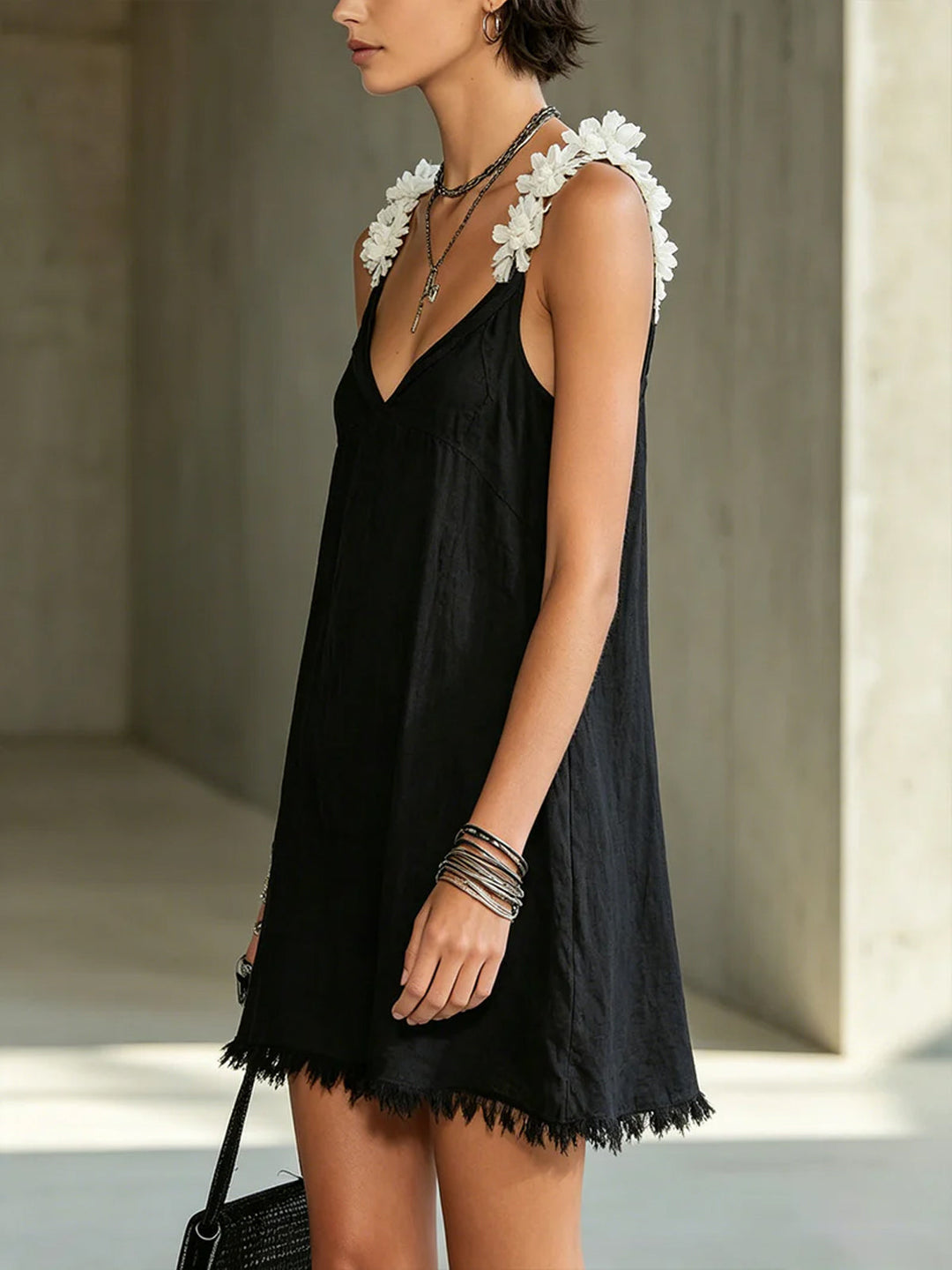 Black Floral-Strap V-Neck Mini Dress