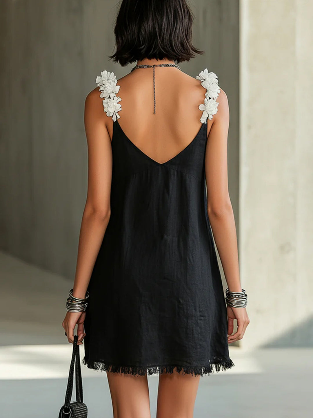 Black Floral-Strap V-Neck Mini Dress