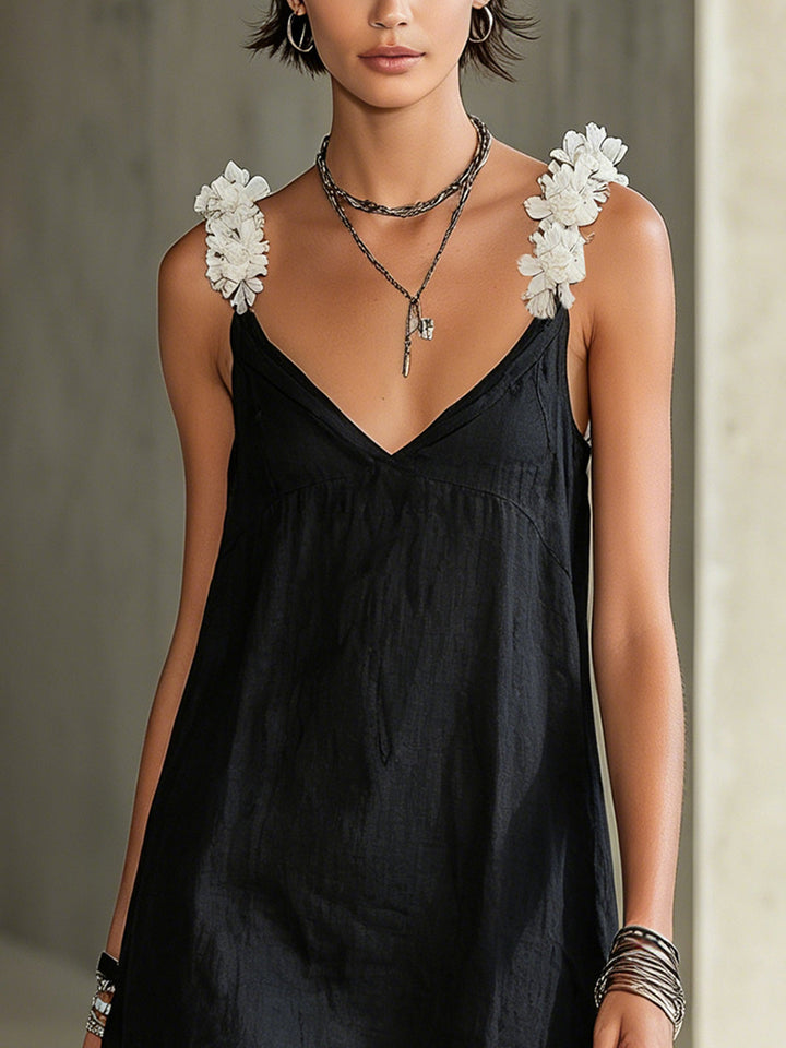Black Floral-Strap V-Neck Mini Dress