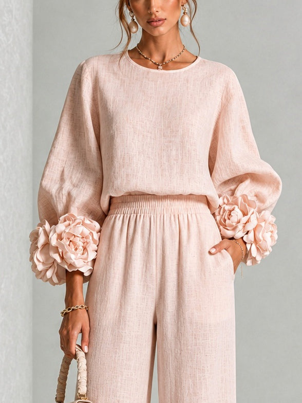 Evelyn | Elegant Floral-Cuff Trouser Set