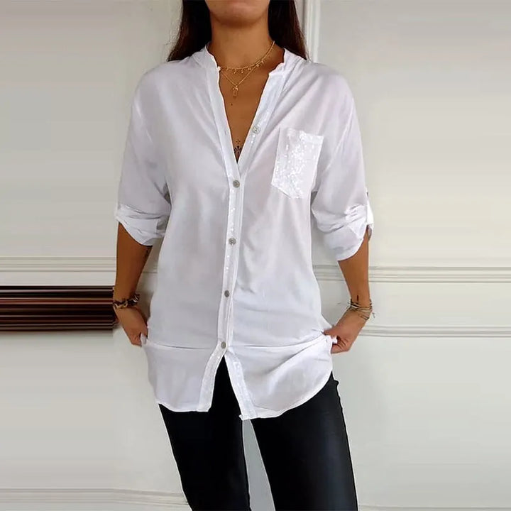 VERITY SEQUIN TRIM BUTTON-UP SHIRT
