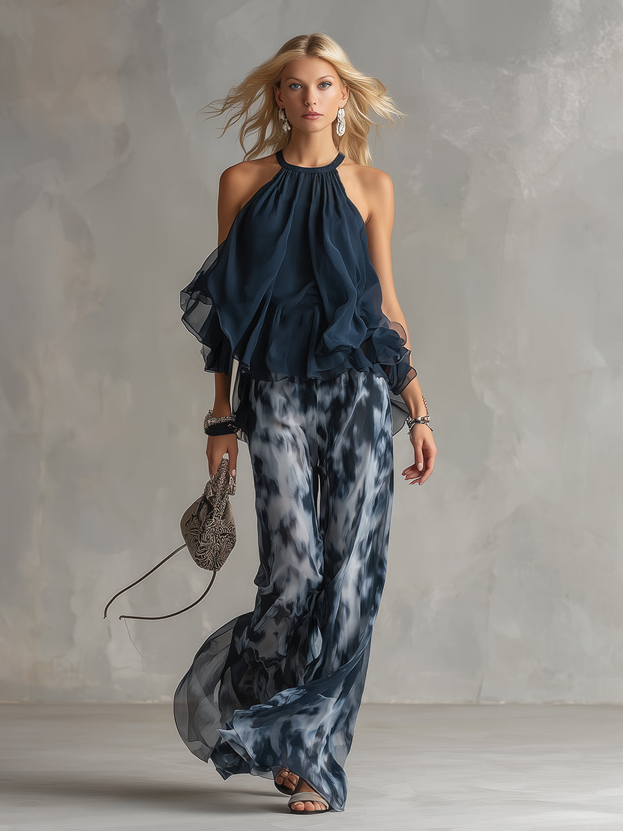 Marie | Elegant Set with Navy Blue Backless Top and Printed Wide-Leg Trousers