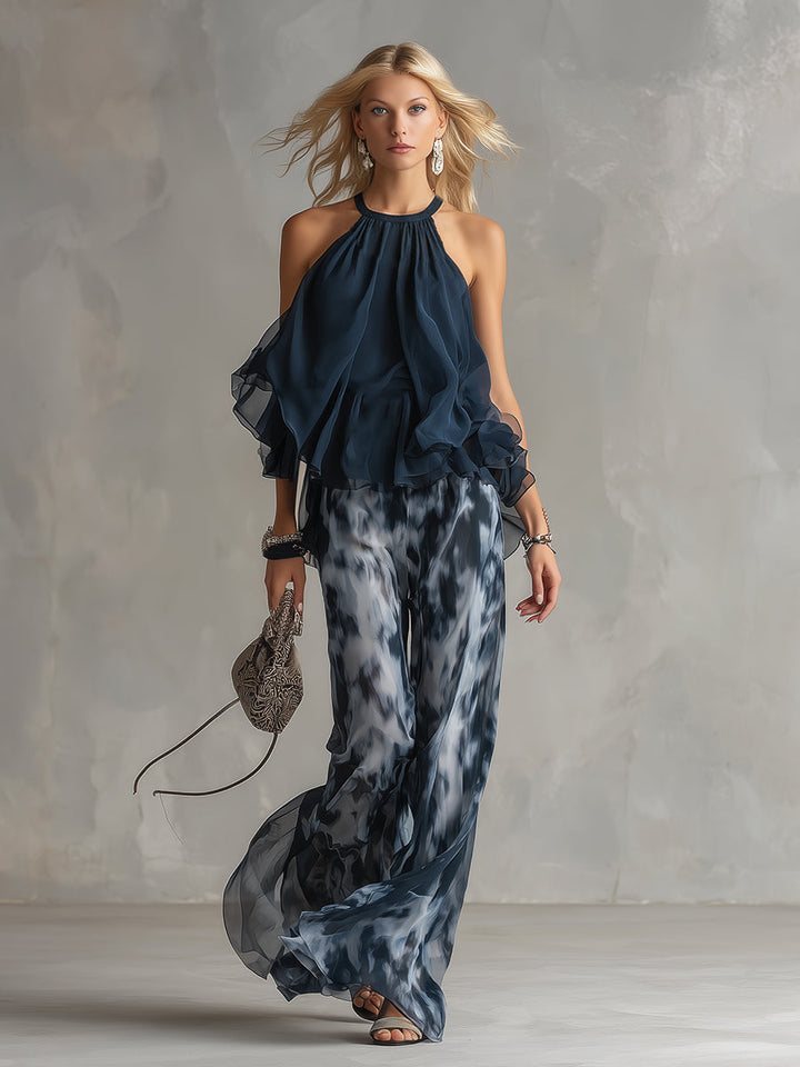 Marie | Elegant Set with Navy Blue Backless Top and Printed Wide-Leg Trousers