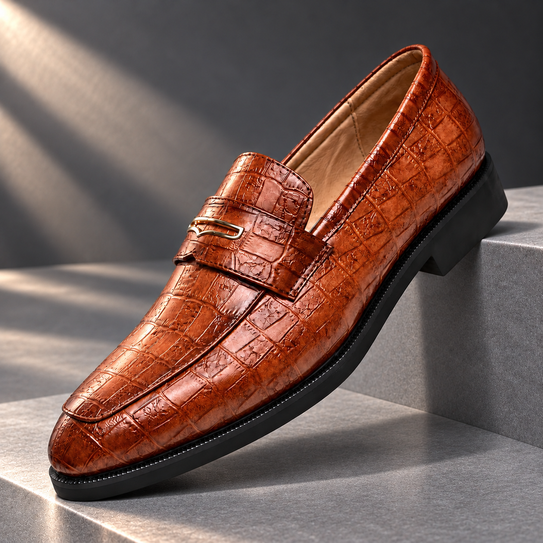 Alderton Refined Croc-Embossed Loafers in a charcoal stone studio