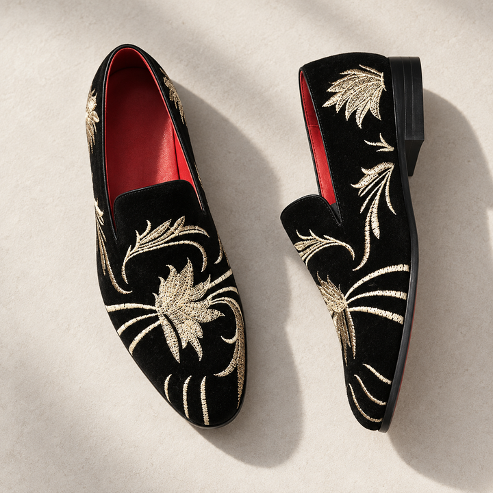Alessio loafers in black with gold embroidery, additional product angle.