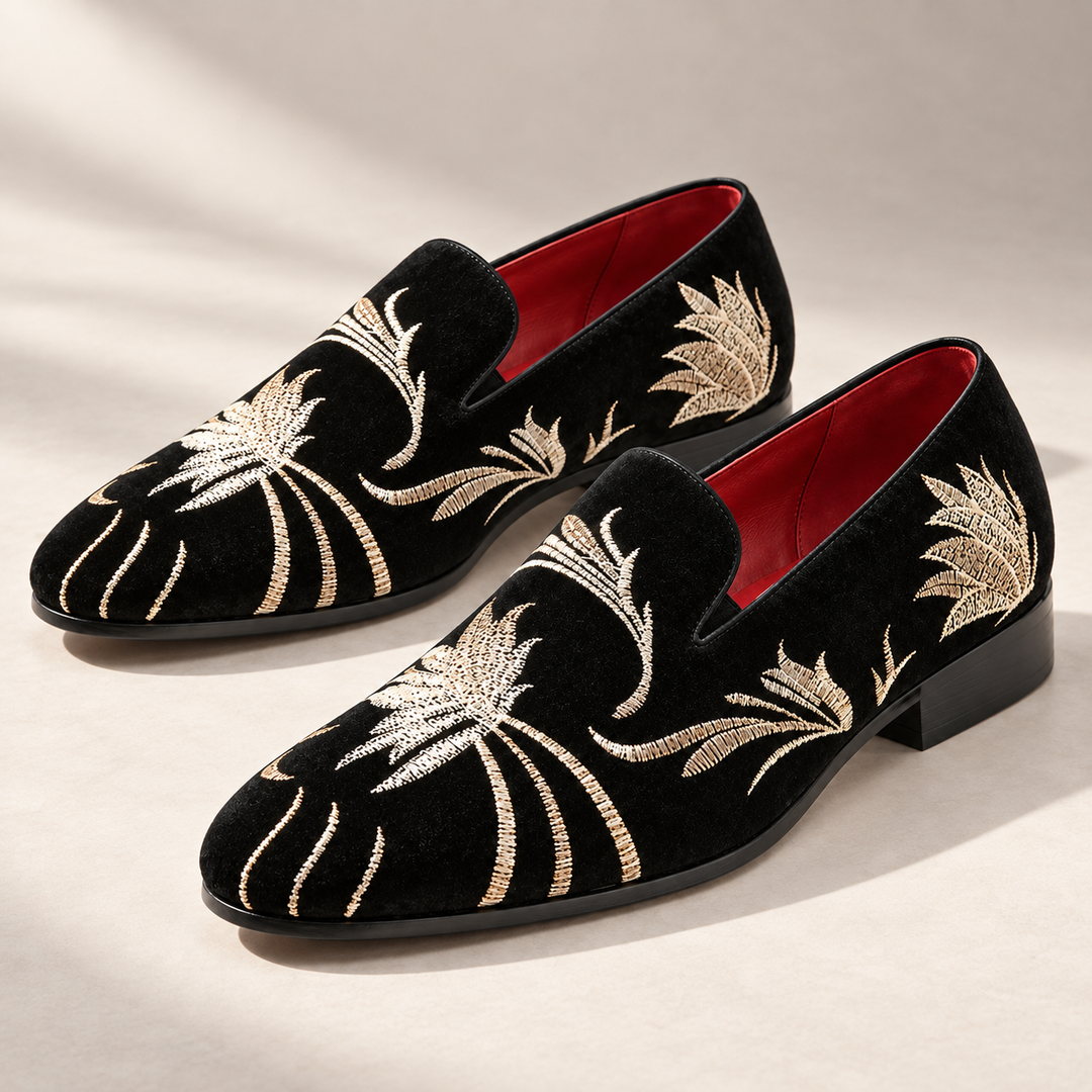 Alessio Embroidered Occasion Loafers – men's loafer in a refined shadow stone studio setting