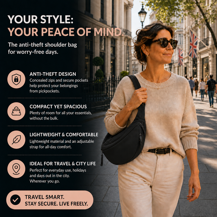 Aria black shoulder bag anti-theft features infographic