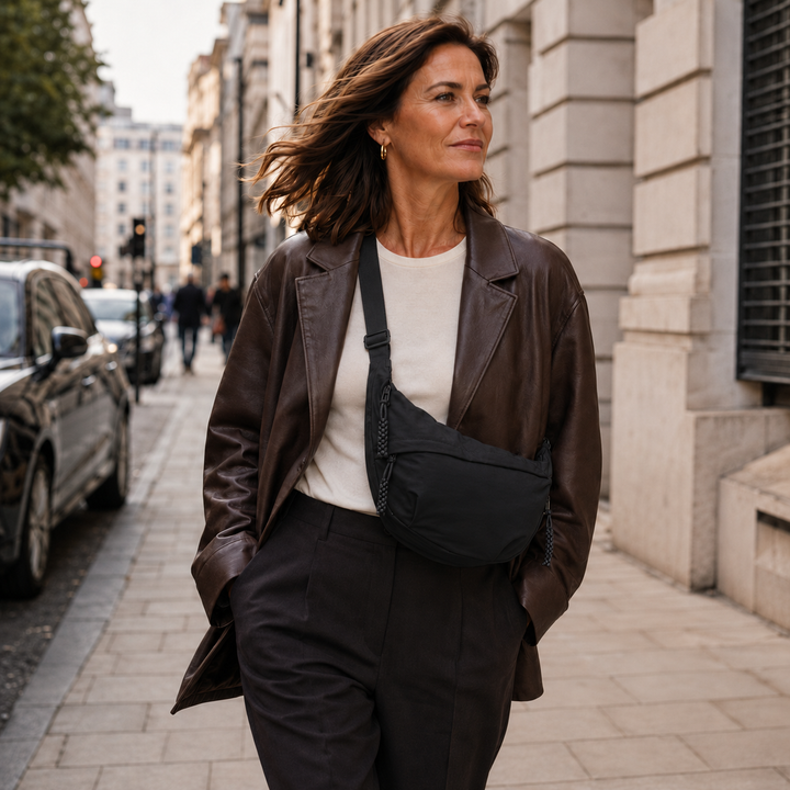 Aria black shoulder bag worn crossbody in the city