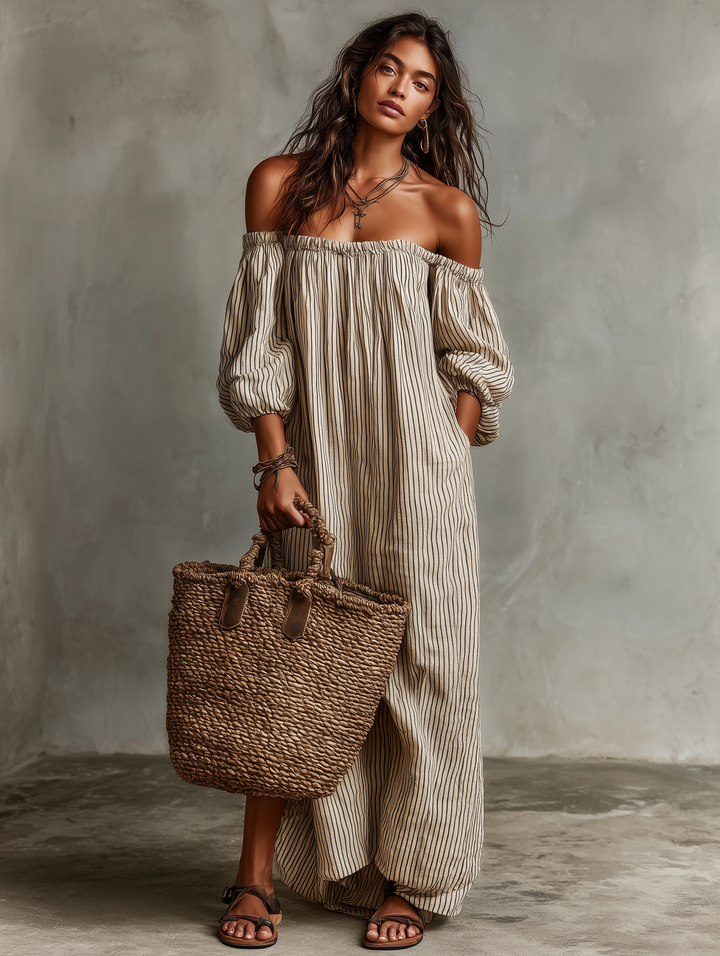 Carmen | Long Cotton-Linen Dress with Off-the-Shoulder Design