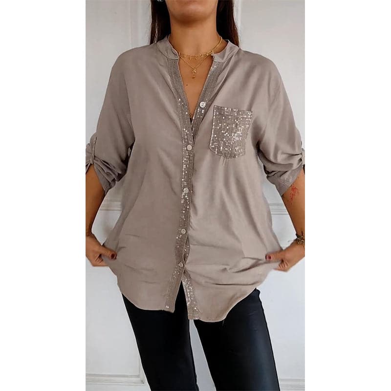 VERITY SEQUIN TRIM BUTTON-UP SHIRT