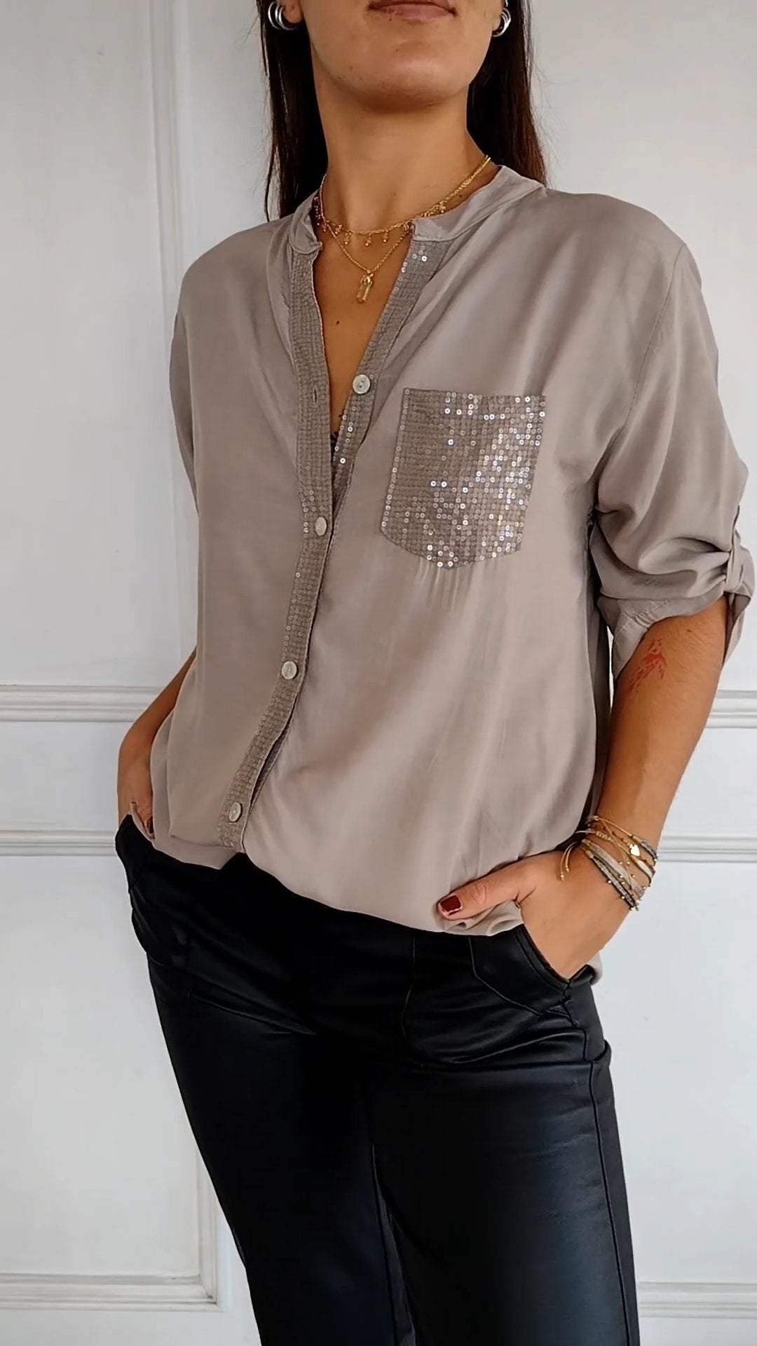 VERITY SEQUIN TRIM BUTTON-UP SHIRT