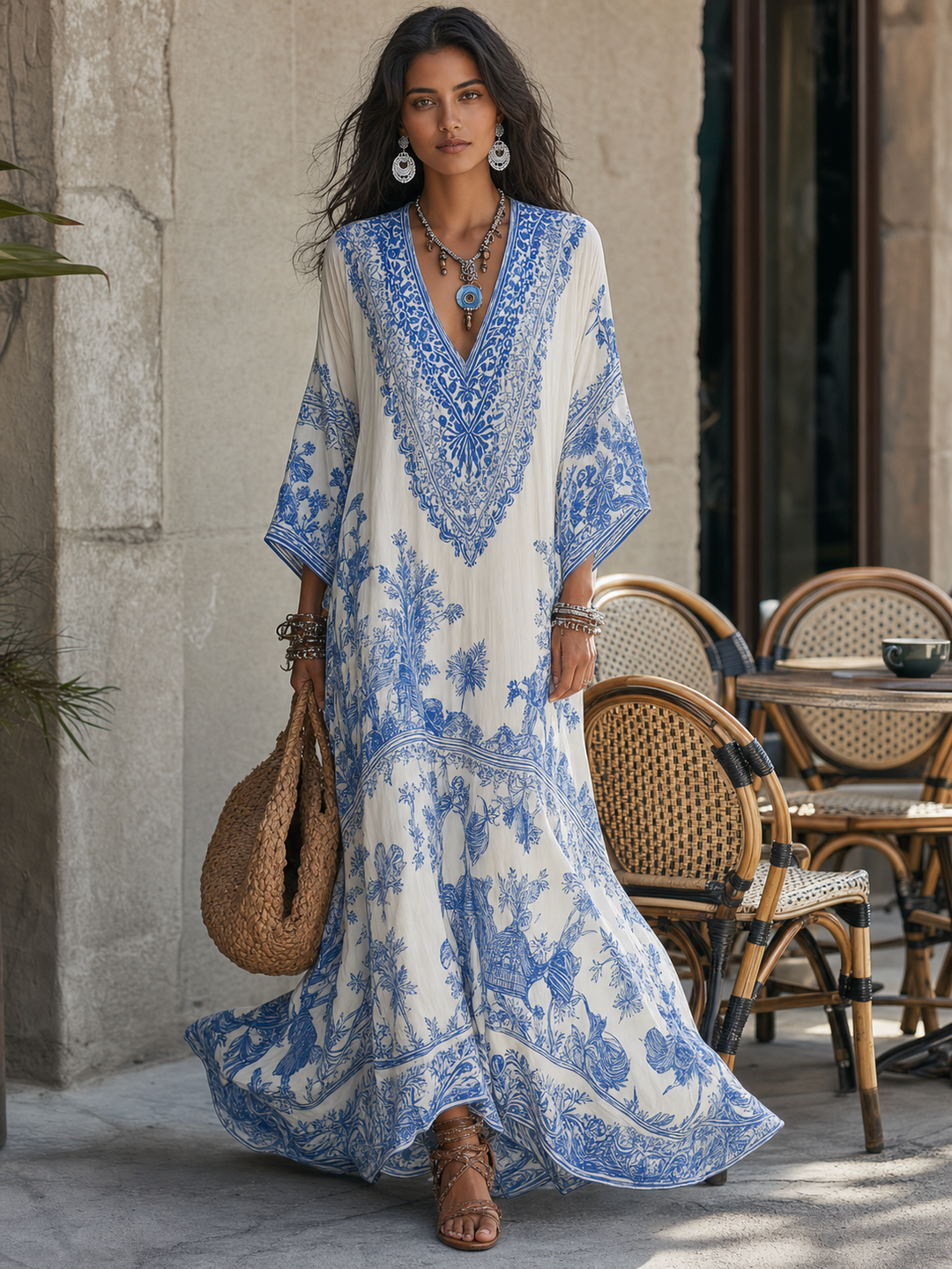 Blue Porcelain Print Kaftan Tunic