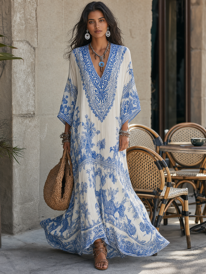 Blue Porcelain Print Kaftan Tunic