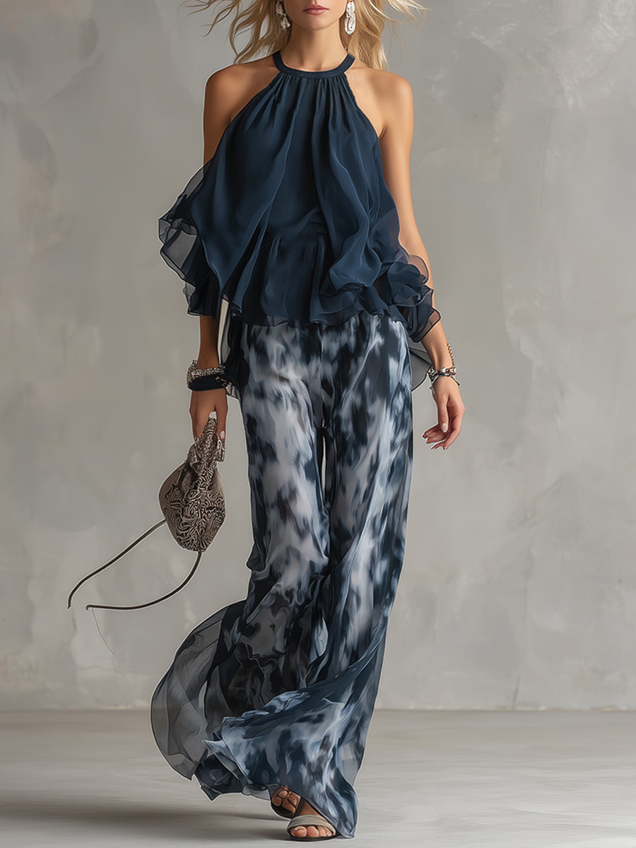 Marie | Elegant Set with Navy Blue Backless Top and Printed Wide-Leg Trousers
