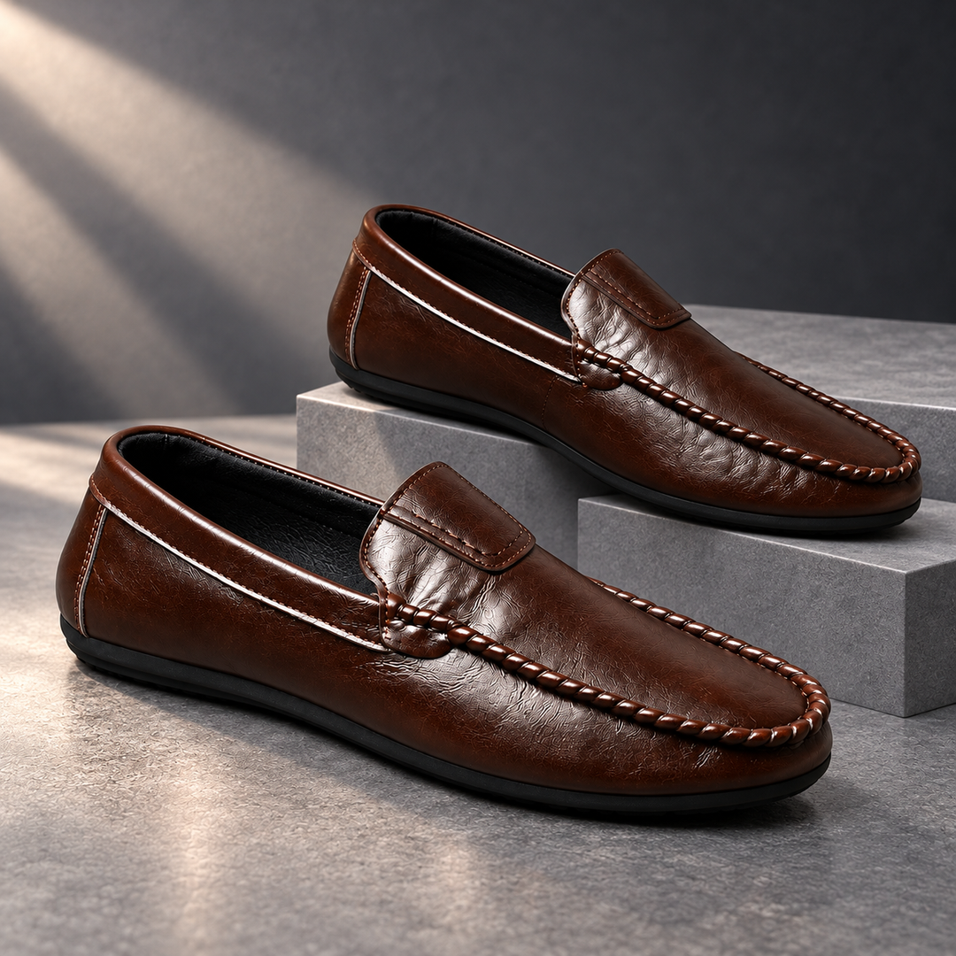 Carter Flexible Comfort Driving Loafers in brown, charcoal studio