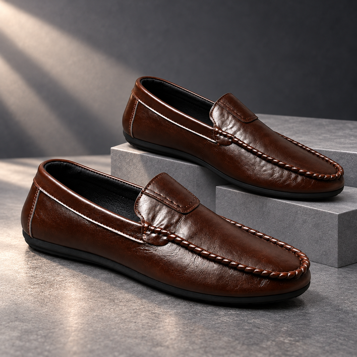 Carter Flexible Comfort Driving Loafers in brown, charcoal studio