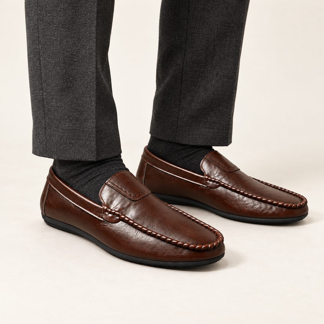 Carter Flexible Comfort Driving Loafers worn with smart trousers