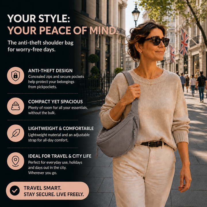 Clara grey shoulder bag anti-theft features infographic