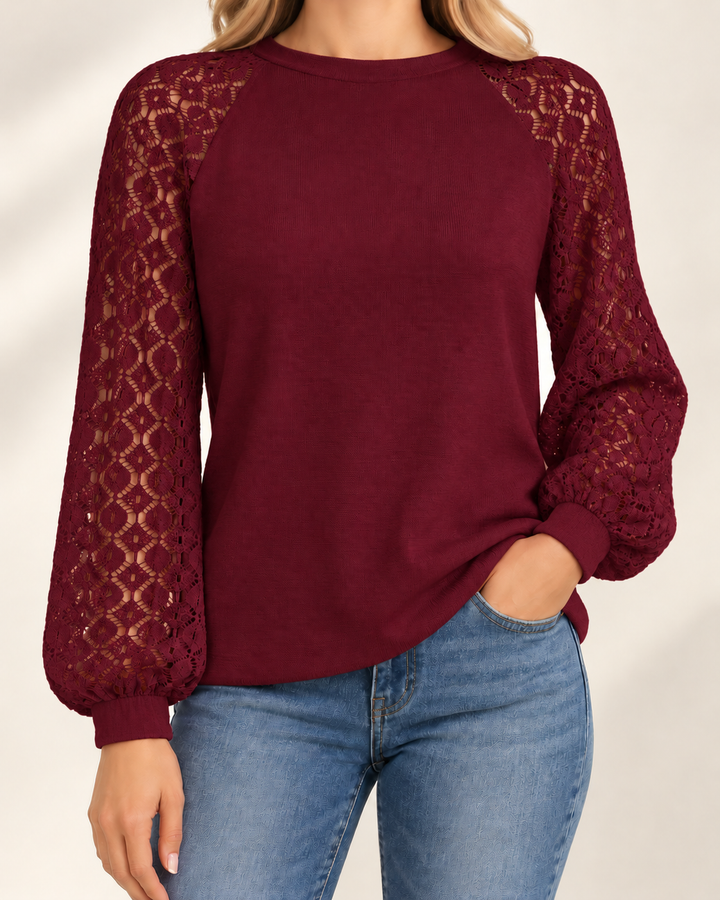 Clara knit top in burgundy, studio model photograph