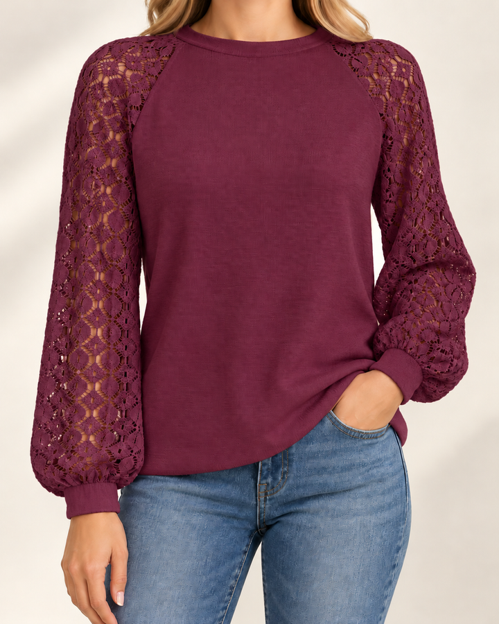Clara knit top in jujube, studio model photograph