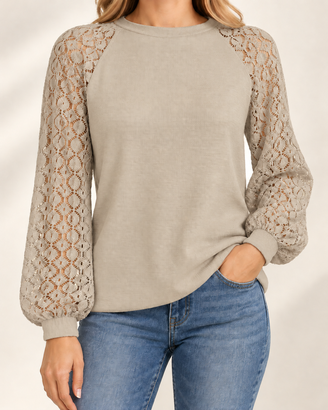 Clara knit top in light khaki, studio model photograph