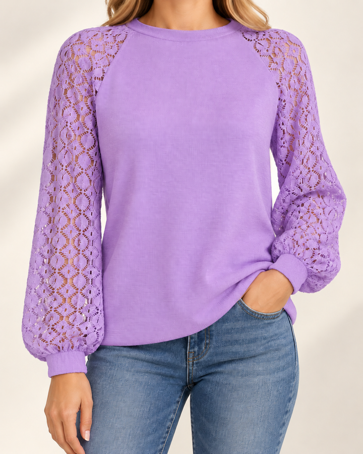 Clara knit top in light purple, studio model photograph