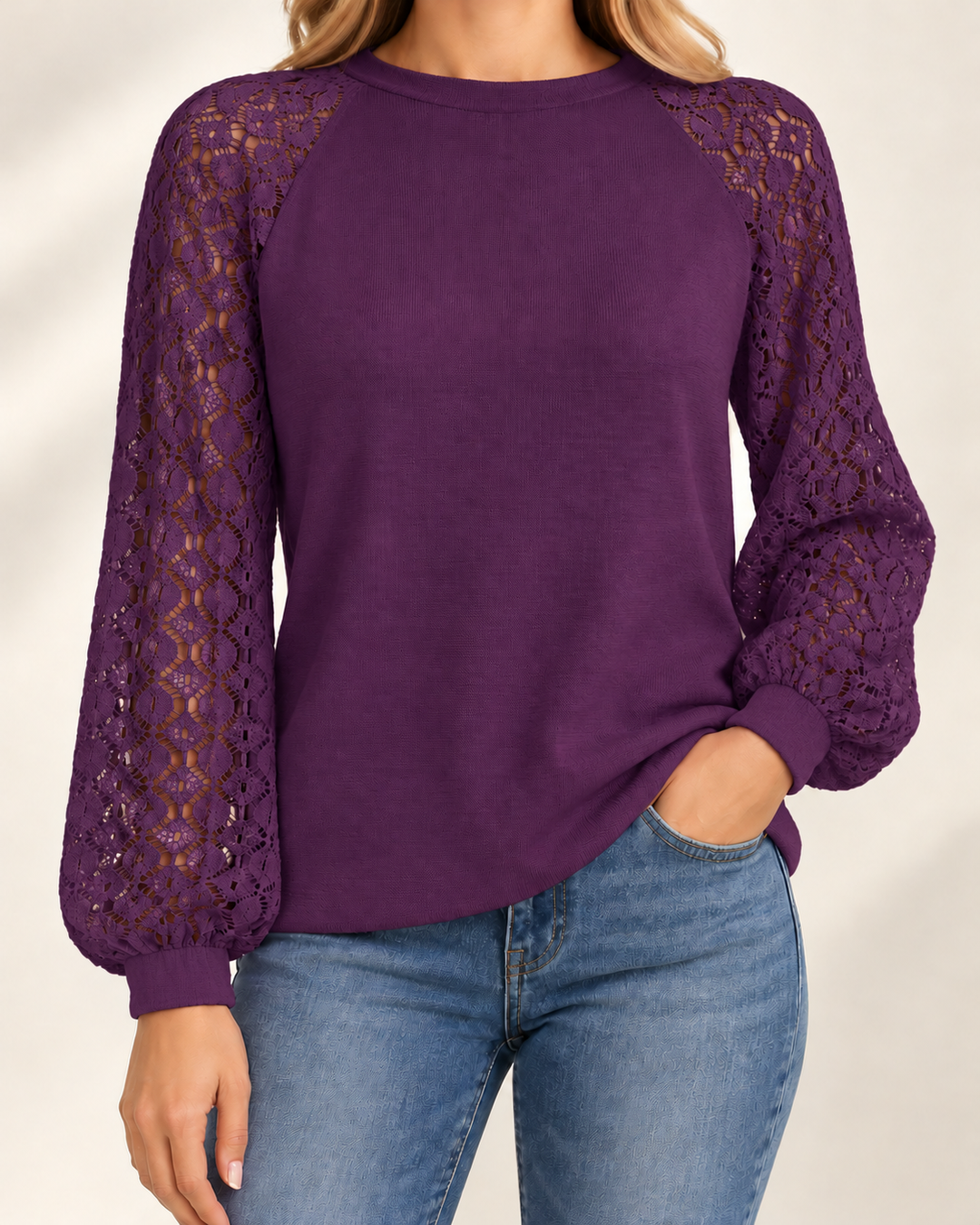 Clara knit top in purple, studio model photograph