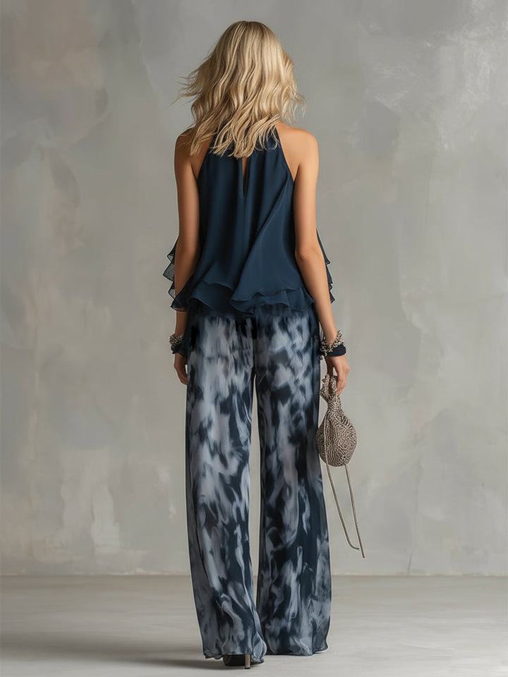 Marie | Elegant Set with Navy Blue Backless Top and Printed Wide-Leg Trousers