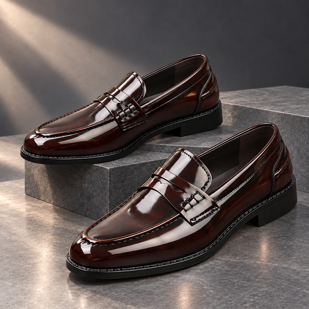 Dunmore Polished Comfort Loafers in dark brown, charcoal studio