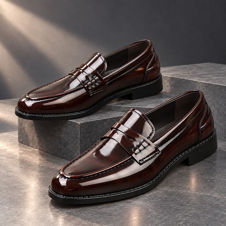Dunmore Polished Comfort Loafers in dark brown, charcoal studio