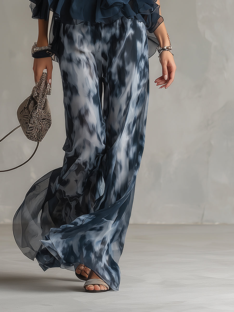 Marie | Elegant Set with Navy Blue Backless Top and Printed Wide-Leg Trousers