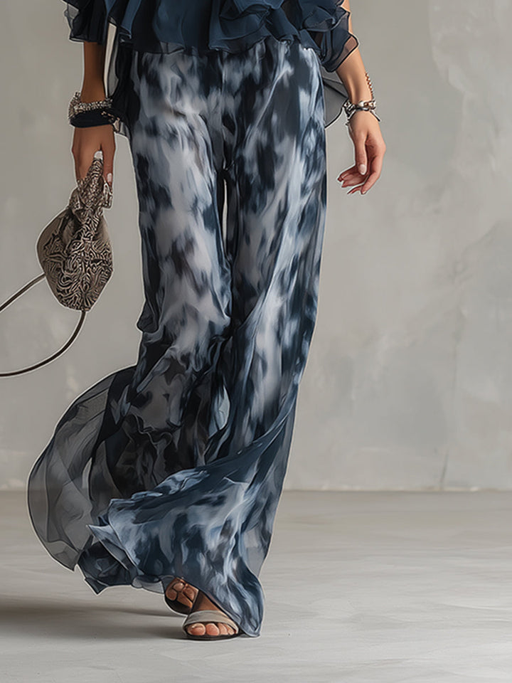 Marie | Elegant Set with Navy Blue Backless Top and Printed Wide-Leg Trousers