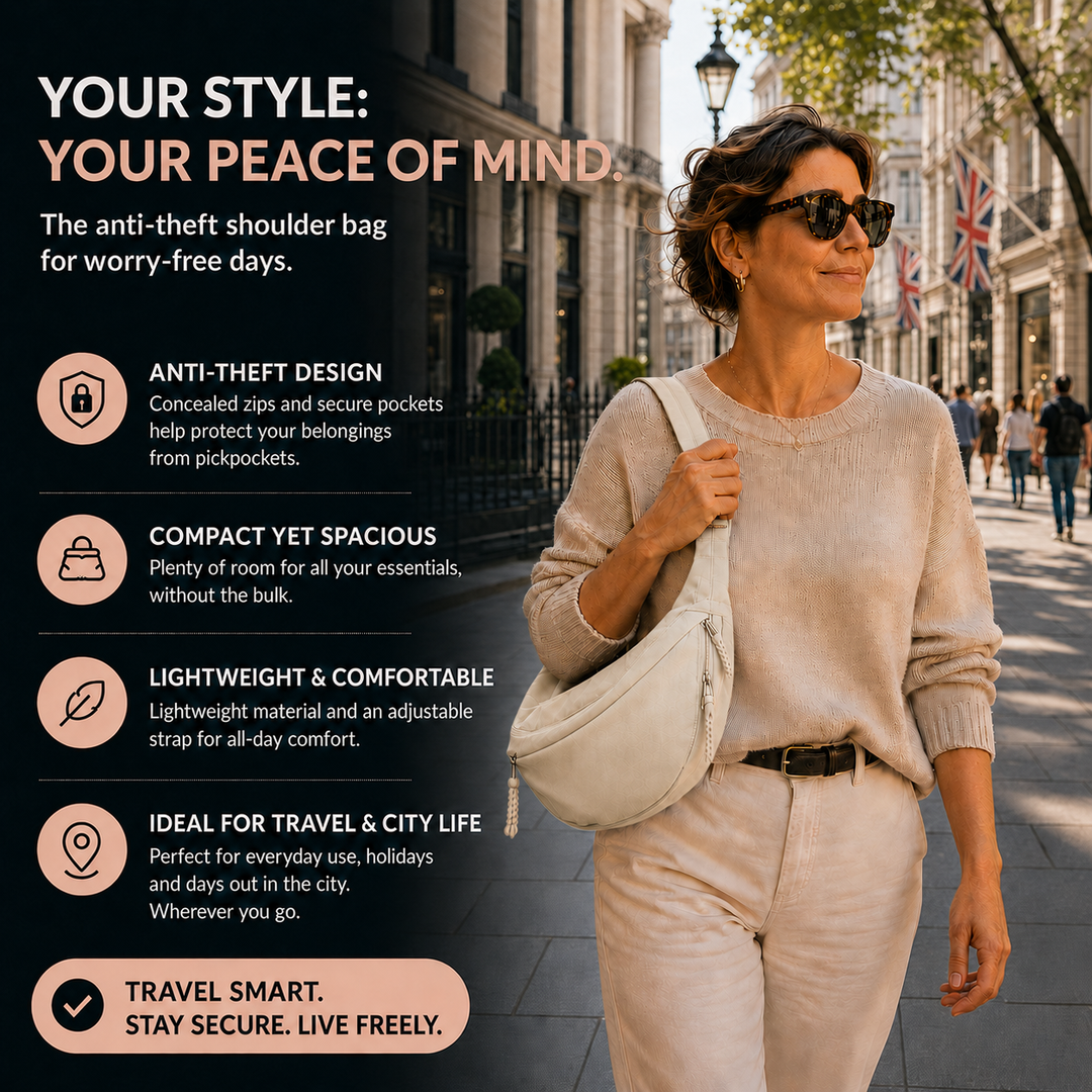 Elena beige shoulder bag anti-theft features infographic