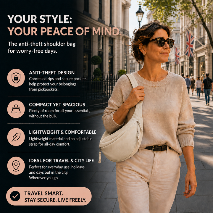 Elena beige shoulder bag anti-theft features infographic